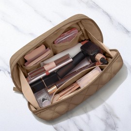 TOPEAST Makeup Bag for Women, Large Capacity Cosmetic Travel Bag Waterproof Puffy Toiletry Bag Organizer, Aesthetic Portable Pouch Open Flat Make Up Bag for Purse, Brown