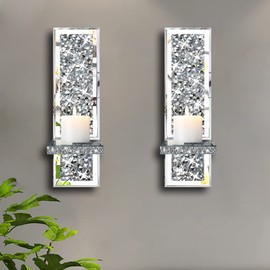 Set of 2 Crystal Crush Diamond Candle Sconces, Gorgeous Silver Mirrored Wall Sconce, Candle Holder Glass Wall Decorations for Home Décor, Living Room, Dining Room.