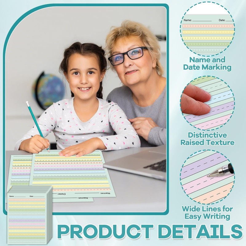 OBUSATT 100 Sheets Multi-Color Raised Line Paper Kindergarten Practice Tactile