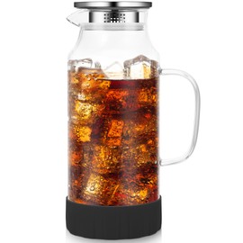Hsei Glass Pitcher with Lid Glass Water Pitcher Water Hot/cold Glass Jug with Handle Drink Glass Carafe for Fridge Iced Tea Coffee Juice Homemade Beverage (Green Coaster,68 oz)