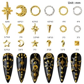 DZHILHMX 3D Nail Charms - Gold Star, Moon, Multiple Shape Gem, 3 Boxes, Metal Nail Decoration Studs, for Nail Art