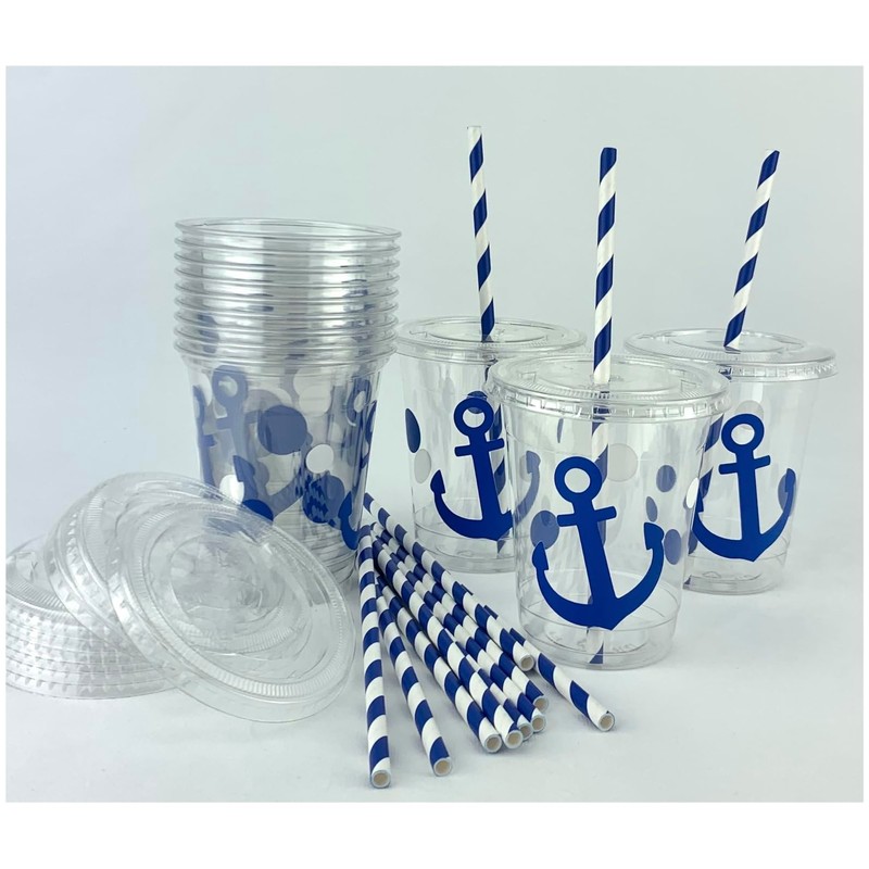 Blue Anchor Cups, Nautical Party Supplies, Plastic Disposable Cups, Slot