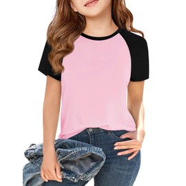 Imily Bela Kids Girls T Shirts Casual Raglan Short Sleeve Crewneck Color Block Summer Tees 5-14 Years Pink