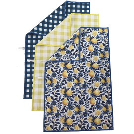 CERISE Lemon Kitchen Towels, Waffle Weave Microfiber, Blue and Yellow (Towels Pack of 3)