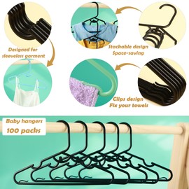 100 Packs Baby Hangers for Closet Plastic Baby Clothes Hangers with Clips for Nursery Kids Hangers for Closet Organizer, Stack-able Hangers for Newborn, Infant, Toddler, Children, Space-Saving, Black