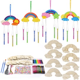 Ainiv 12 Pack Rainbow Wind Chime Crafts for Kids, DIY Paint Wooden Windchimes, Rainbow Decorative Wind Chime Craft Set, Wooden DIY Arts and Crafts for Boys Girls Gifts Crafting Party Activities