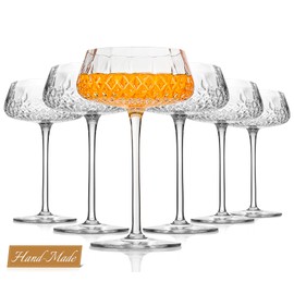 RACOBOT Coupe Glasses Set Of 6, 8oz Hand Blown Coupe Cocktail Glasses, Clear Glass Martini Glasses Set Of 6, Reusable Margarita Glasses Set Of 6 - Handmade Diamond-Pattern Design