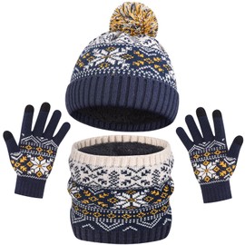 AOTOW Boys Hat Scarf and Gloves Set - Girls Kids Hat and Gloves Set 3pcs Winter Thermal Knitted Beanie Cap & Circle Scarf & Mittens with Fleece Lining for Children Warm 5-10 Years Old/Blue