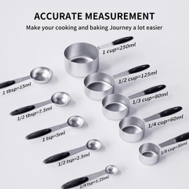 ENLOY Stainless Steel Measuring Cups and Spoons Set of 10 Piece, Soft Silicone Handles and Clearly Scale, Nesting Liquid Measuring Cup Set or Dry Measuring Cups Set (Black)