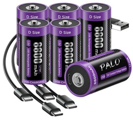 Mspalocell D Cell Lithium Rechargeable Batteries 6 Pack,1.5V 8800mAh Rechargeable Lithium D Batteries with 4 in 1 USB-C Charging Cable for Flashlights Clocks Tools Toy