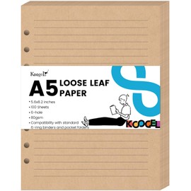 Koogel 100 Sheets Loose Leaf Paper, Brown Lined Filler Paper Refill Pads 6 Holes Punch for A5 Notebook 6-Ring Binders School Office 5.6 x 8.2 inch