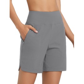 baleaf Women's 7'' Swim Board Shorts with Zipper Pockets High Waisted Tummy Control Long Beach Swimming Shorts UPF 50+ Quick Dry Modest Swimsuits Bottoms Dark Gary L