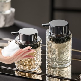 CICUFY Foaming Soap Dispenser 2 Pack, Foam Hand Soap Dispenser for Bathroom Kitchen Liquid Refillable Clear Glass Bottles with Silver Pump(Diamond Pattern-Clear)