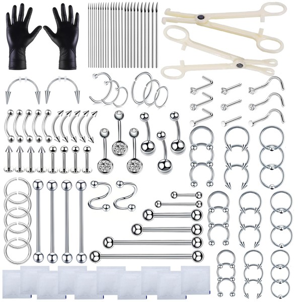 HOINCO 124PCS Body Piercing Kit,for Nose Belly Button Tongue Body