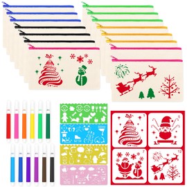 Meetory Pack of 15 DIY Fabric Pencil Cases, Blank School Pencil Case, Children's Canvas Bags for Painting with 12 Colouring Pencils, 8 Painting Stencils for Travel, Christmas, Storage, 21 x 12 cm,