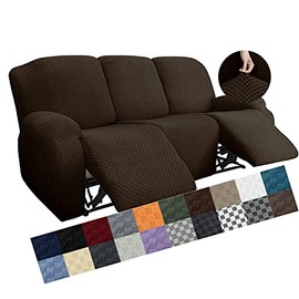 YEMYHOM 8 Pieces Stretch Recliner Sofa Cover Latest Jacquard Reclining Couch Cover with Side Pocket Anti-Slip Fitted 3 Cushion Furniture Slipcovers with Elastic Bottom (Sofa Recliner, Dark Coffee)