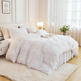 Andency Faux Fur White Comforter Queen Size, 3 Pieces Fluffy Fuzzy Plush Bedding Comforter Set (1 Shaggy Velvet Comforter & 2 Pillowcases), Soft Puffy Comfy Down Alternative Comforter Bedding Set