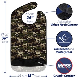 Adult Bibs for Eating: Reusable Bib with Crumb Catcher Pocket - For Men and Women (Workhorse Camo)
