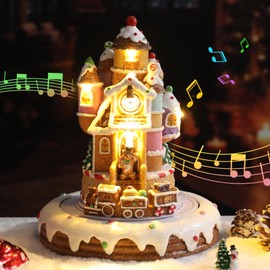 VCUTEKA Christmas Village Houses, Rotating Train with Cream House and Gingerbread Man Lighted Musical Christmas Village Collectible Building for Xmas Indoor Decorations or Holiday Table Displays