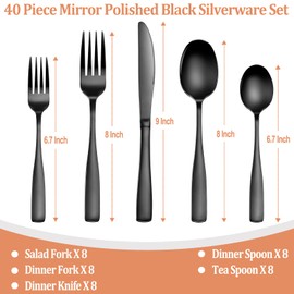 40 Pcs Black Silverware Set, Stainless Steel Flatware Set for 8, Food-Grade Cutlery Set, Mirror Polished Tableware Eating Utensils Set for Home Kitchen, Include Knife Fork Spoon Set, Dishwasher Safe