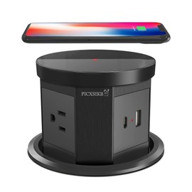 Automatic Pop Up Outlet, 4.33 inch Pop Up Outlet for Countertop with 15W Wireless Charger 3 AC Plug 1 USB-A 1 USB-C Hidden Outlet 5 FT Cord for for Kitchen/Home/Office