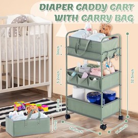 Honeydak 2in1 Baby Diaper Caddy Organizer Cart 3 Tier Large Capacity Metal Utility Bedside Rolling Cart with Divider for Newborn Nursery Essential Must Have for Crib Bedroom Baby Shower(Green)