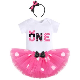 IBTOM CASTLE Polka Dots Party Outfit for Baby Girl 1st Birthday Top Princess Romper Bodysuit + Tutu Tulle Sequin Bows Skirt Set + Headband Dress up Photo Shoot Costume Black + Hot Pink - 1T