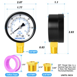 MEANLIN MEASURE 0-60Psi 2" DIAL FACE 1/4" NPT Well Pump Pressure Gauge, with 1/4" x 1/2" NPT and 1/4" x 3/8" NPT Hex Bushing, Pool Sand Filter Water Oil Air Pressure Test Lower Mount