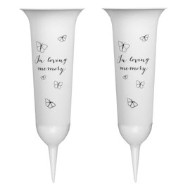 Set of 2 In Loving Memory Spiked Memorial Grave Flower Vases Graveside Memorial White