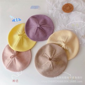 Kids' Knitted Beret Hat: Cream Color Solid Style for Autumn and Winter Soft Green [Children] 3ea