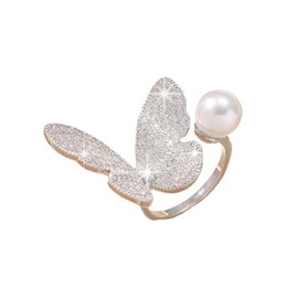 Kokoma Butterfly Pearl Open Statement Rings for Women Cubic Zirconia Butterflies Rhinestone Animal Adjustable Engagement Ring Promise Ring Eternity Band Fashion Jewelry