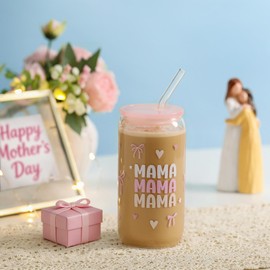 Xelewooz Mothers Day Gifts for Mom from Son Daughter – 16oz Mama Glass Cup with Lid and Straw for Iced Coffee, Birthday Gifts for Mother, Best Mom Gifts