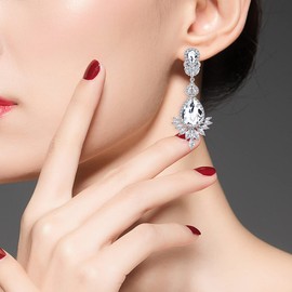 Uloveido Large Cubic Zirconia Clip on Earrings for Women/Girls/Brides/Bridemaid, Gifts for Mothers Day, Fake Piercings Teardrop Ear Clip Flower Earrings (Platinum-White)