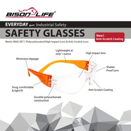 BISON LIFE Clear Lens Orange Safety Glasses - 12 Pairs Protective Eyewear, Polycarbonate Impact Resistant Lens