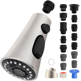 iFealClear Universal Kitchen Faucet Head Replacement, 3 Modes Pull Down Faucet Spray Head, Compatible with Moen Delta, Equipped with 15 Adapters, Brushed Nickel