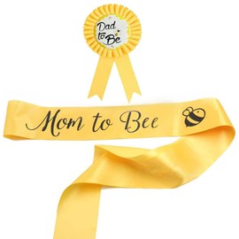 Ripakiya 2Packs Baby Shower Decorations Yellow Mom to Bee Sash and Dad to Bee Tinplate Badge with Cute Bee Pattern Baby Welcome Party Gifts