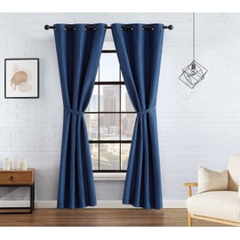 Lucky Brand – Solana Thermal Woven Window Curtain | Room Darkening & Thermal Insulated | Grommet Header | Set of 2 Panels & 2 Tiebacks | Measures 38" x 96" | Denim Blue