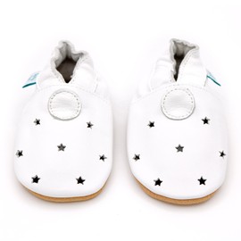 Dotty Fish Infant & Toddler Leather Shoes – Barefoot-Friendly, Non-Slip Suede Sole, Podiatrist Recommended, Breathable Baby-Safe Leather. Unisex. White Cut-Out Stars. 0-6 Months