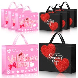Sweetude 6 Pcs Valentine's Day Large Gift Bags 16Inch Reusable Heart Candy Bags Birthday Gift Tote Bag with Handles Reusable Non Woven Shopping Bag for Party Favor