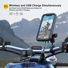 iMESTOU - Soporte inalámbrico impermeable para motocicleta con cargador rápido USB-C, soporte antirrobo para teléfono de bola de 1 pulgada con base de montaje de manubrio de aluminio, se adapta a