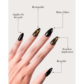 Dsvanay Almond Press On Nails Medium - Black French Cat's Eye False Nails with Golden Glitter Galaxy,Glue On Nails with Jelly Glue, Reusable 12 Sizes - 24 Soft Gel Fake Nails Kit, Glitter