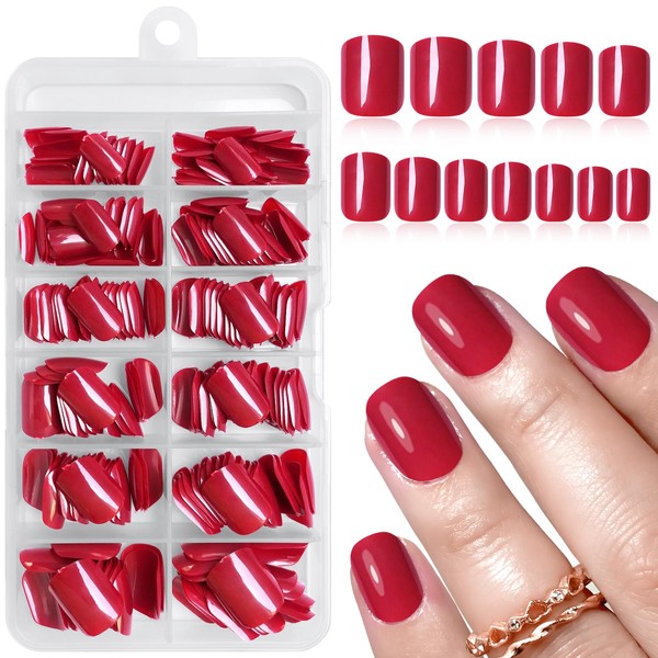 Bellelfin 240Pcs Short Press on Nails, Full Cover Square Red