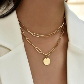 Yienate Punk Multilayer Chunky Necklace Choker Gold Paper Clip Chain Hip-hop Statement Coin Pendant Necklace Skirt Sequins Pendant Multilayer Necklace Charm Jewellery for Women