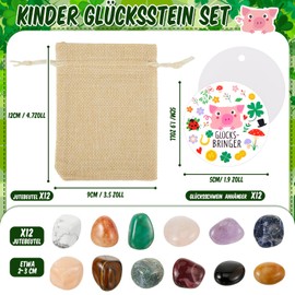Otuuz Pack of 12 Lucky Stones for Children with Jute Bag Colourful Lucky Charm Stones Magic Stones Party Bags for Animal Birthday New Year's Eve Children Small Items Gifts (Lucky Pig)