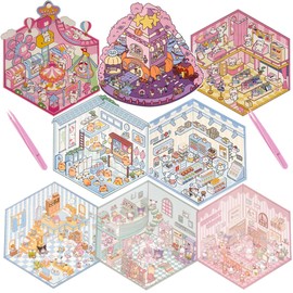 3D Sticker Scenes, 3D House Stickers, Isometric Sticker Rooms Decorating Book DIY, 3D Miniature Scene Stickers for Kids, Adults (8 Pcs A)