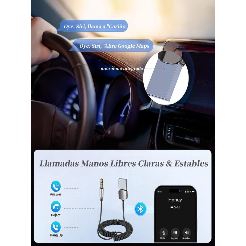 Bluetooth Audio Adapter Auto,Receptor Bluetooth 5.0 para Auto,Receptor bluetooth Micrófono
