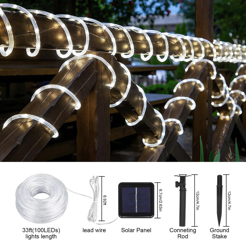 SFNDOU 33FT 100LED Solar Rope Lights Outdoor Waterproof, White Solar