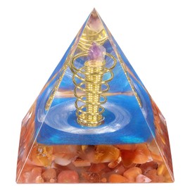 mookaitedecor Carnelian Crystal Orgone Pyramid with Amethyst Cluster Wrapped Copper Wire, Orgonite Energy Generator Stone Ornament for Chakra Reiki Balancing Meditation
