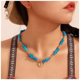 Cimenexe Bohemian Turquoise Pearl Choker Necklace Cowrie Shell Pendant Necklace Blue Turquoise Necklace Choker Gold Shell Hort Irregular Turquoise Stone Necklace Chain Jewellery