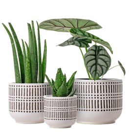 3-Pack Ceramic Plant pots Set - 6.5"+5.3"+4" Dual-Tone Flower Pots with Drainage Holes, Modern Indoor Outdoor Planters for Succulents/Herbs/Large Plants, Home Office (Brownish Black & White)